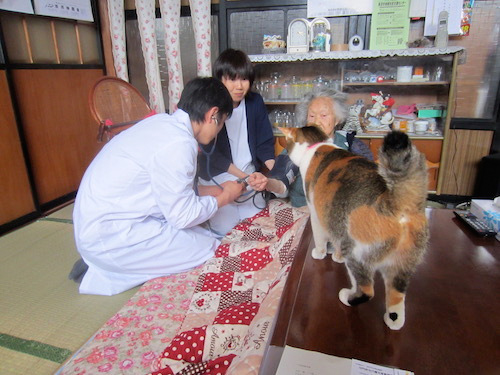 患家での診療風景。時々猫の妨害にも遭う。